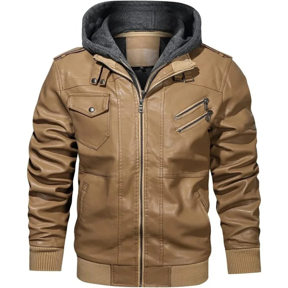 Men’s Stand Collar  PU Faux Khaki Leather Zipper Motorcycle Bomber Jacket
